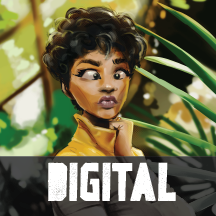 Stylized illustration of a woman with short curly hair, looking to the side, surrounded by green plants and sunlight filtering through trees.