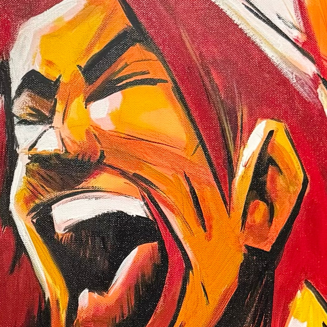 A close-up of an abstract painting of a face, with bold orange, red, black, and white colors, depicting an expression of shouting or yelling.