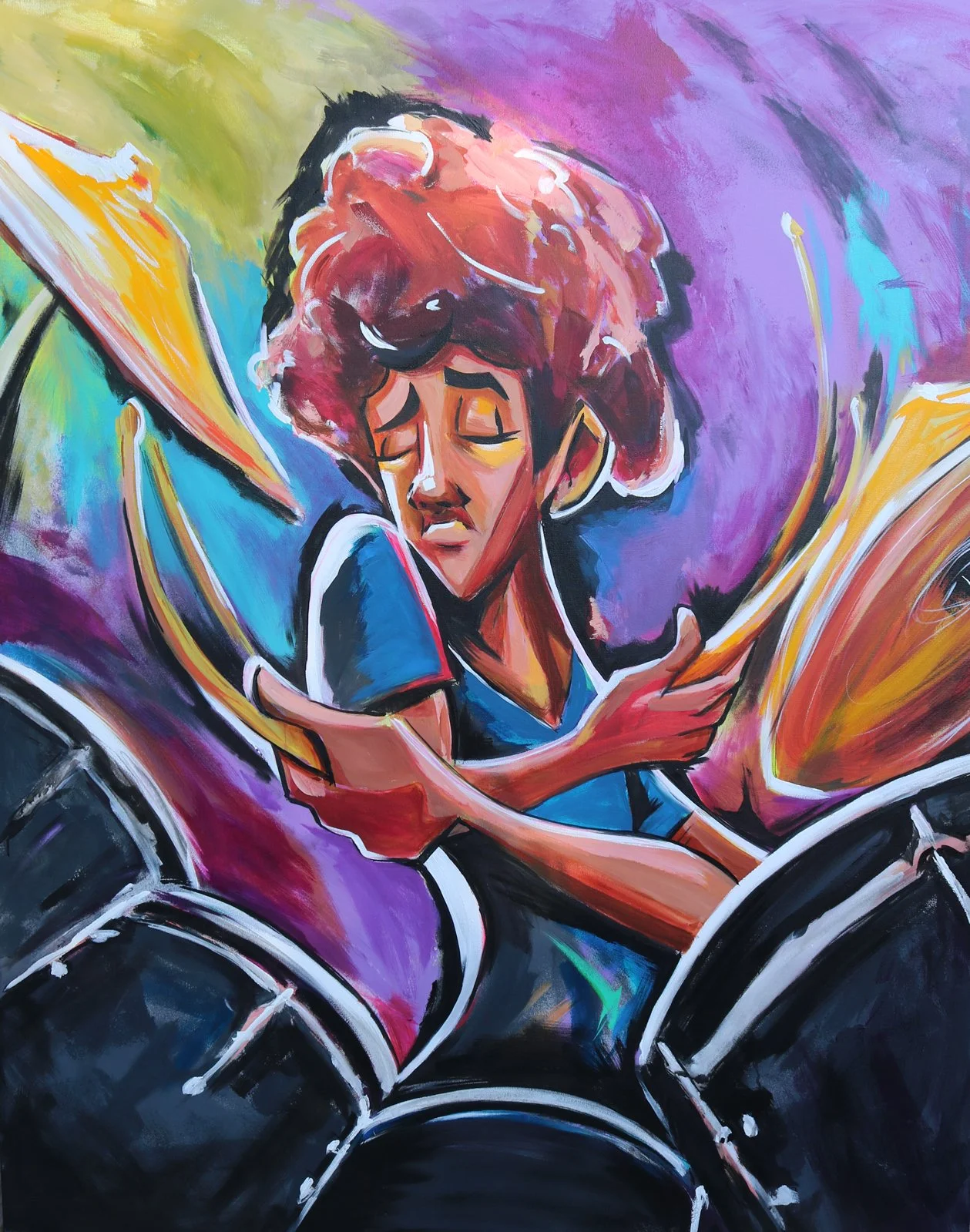 An abstract painting of a young person reading a book while sitting in a wheelchair. The background features vibrant, swirling colors of purple, green, blue, and yellow.