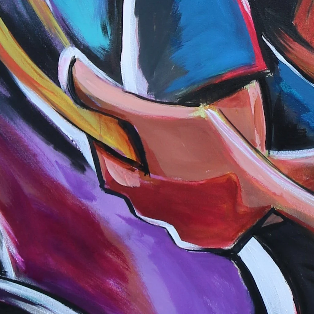 Close-up of an abstract, colorful painting featuring bold brushstrokes in pink, purple, blue, yellow, and black.