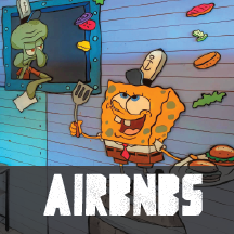 Cartoon pirate fish and lion character grilling food on a boat with fish and rocks hanging in the background.