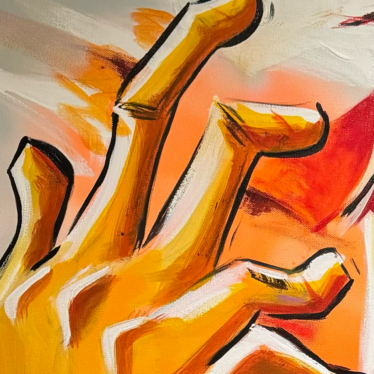 Abstract painting of a hand making a peace sign with vibrant orange, yellow, red, and white colors, outlined in black.