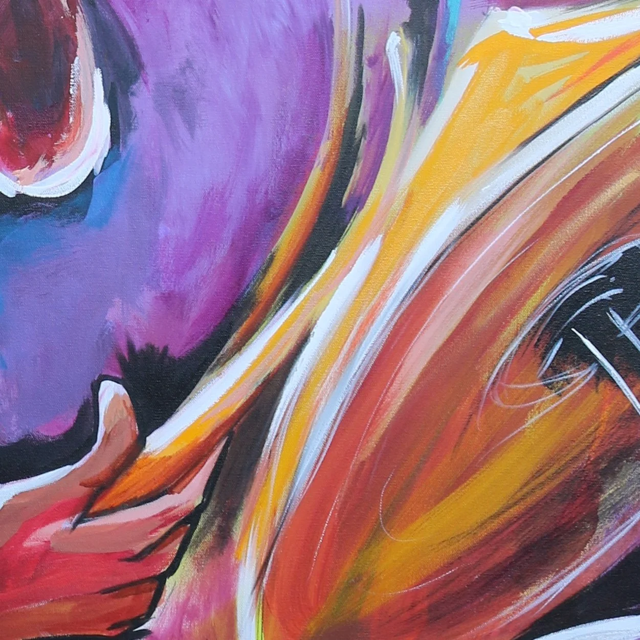 Close-up of an abstract painting with vibrant colors including purple, orange, yellow, black, and white, with bold, sweeping brushstrokes.