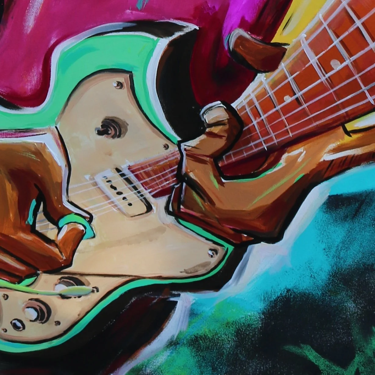 An abstract painting of an electric guitar with a focus on vivid colors and bold outlines, featuring shades of beige, red, green, yellow, brown, and black.