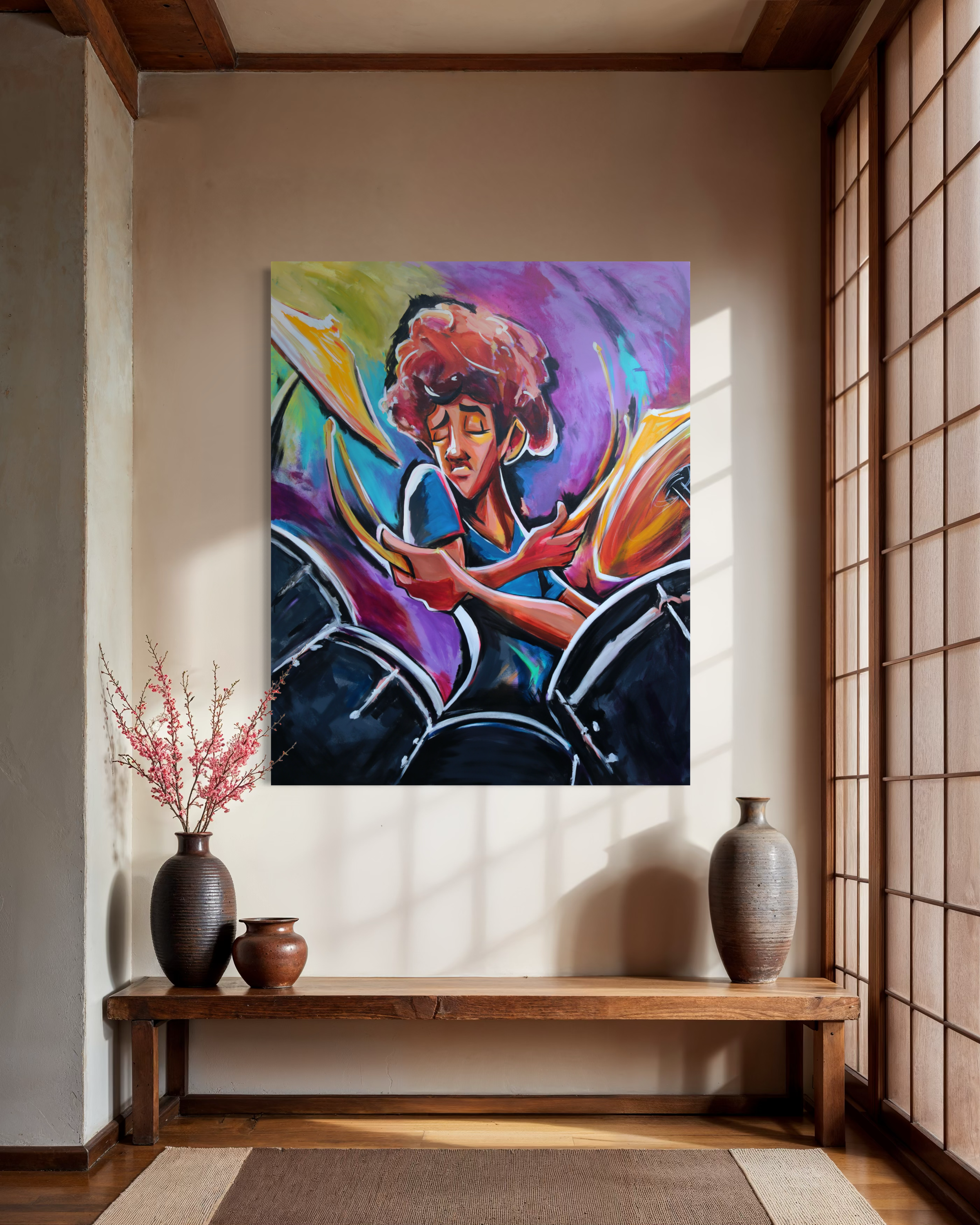 A colorful abstract painting of a woman with red hair and glasses, in a modern interior with a wooden shelf, vases, and a rug.