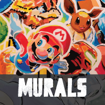 Colorful mural featuring cartoon characters like a red tiger with blue eyes, a rabbit-like creature, and a snake, with the word 'MURALS' written at the bottom.
