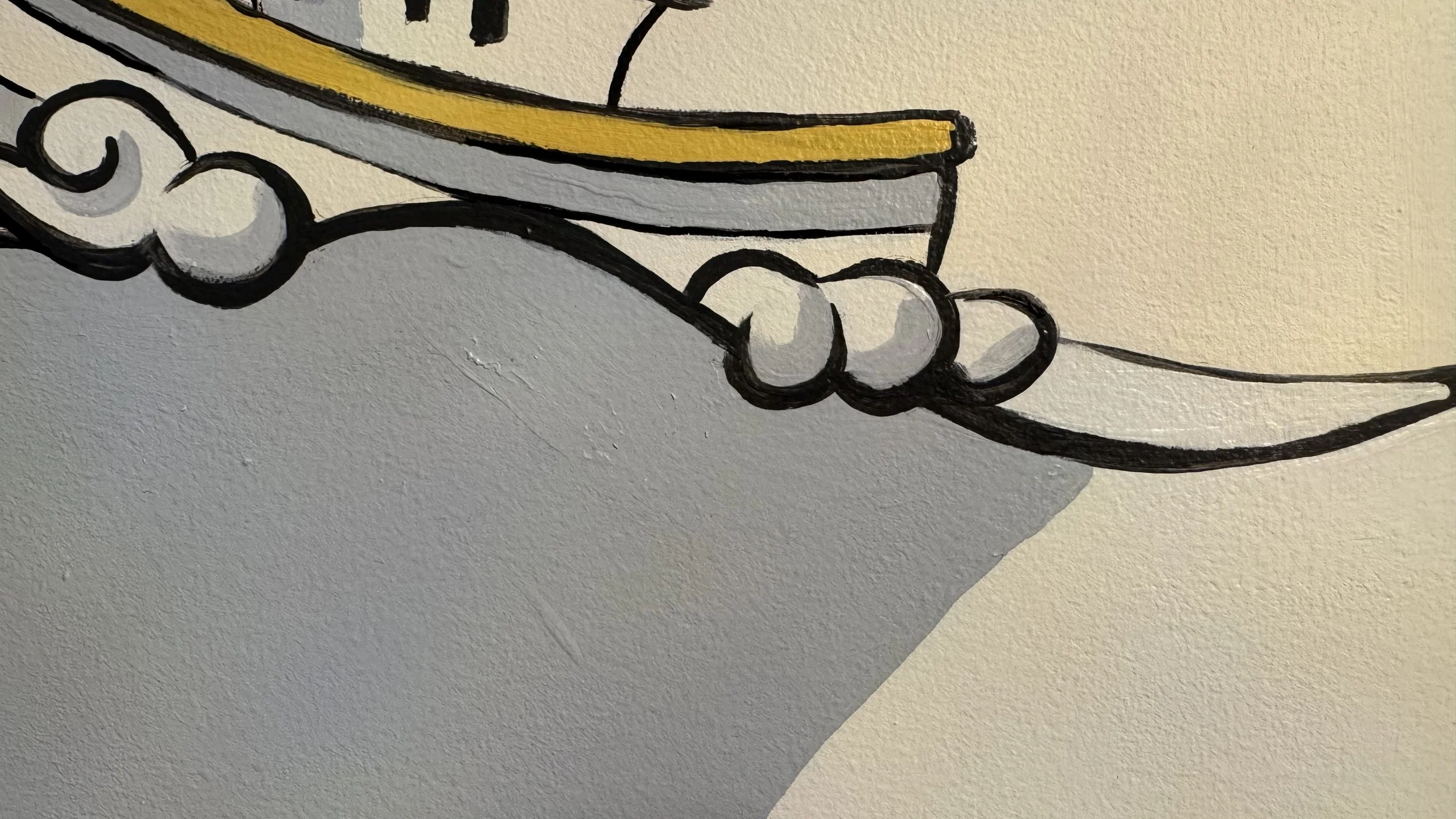Close-up of a hand painted illustration with black outlines and minimal colors, depicting a thumb and part of the palm, on textured paper.