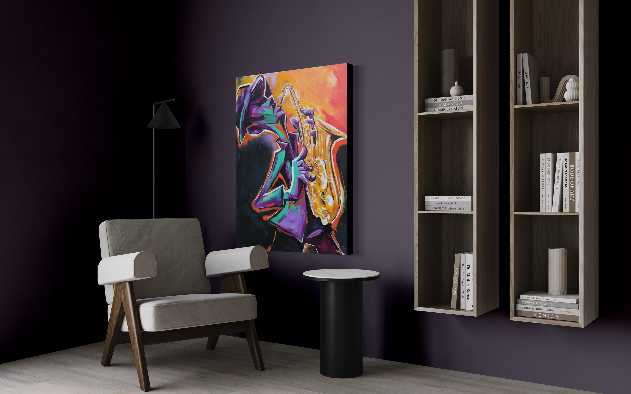 Interior of a modern living space with a purple wall, featuring a colorful abstract music-themed painting of a person playing a saxophone. There are two grey armchairs with wooden legs, a small round black side table, and a wooden bookshelf filled with books and decorative items, including vases and sculptures.