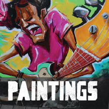 Colorful painting of a young girl playing a guitar, with the word 'PAINTINGS' at the bottom.