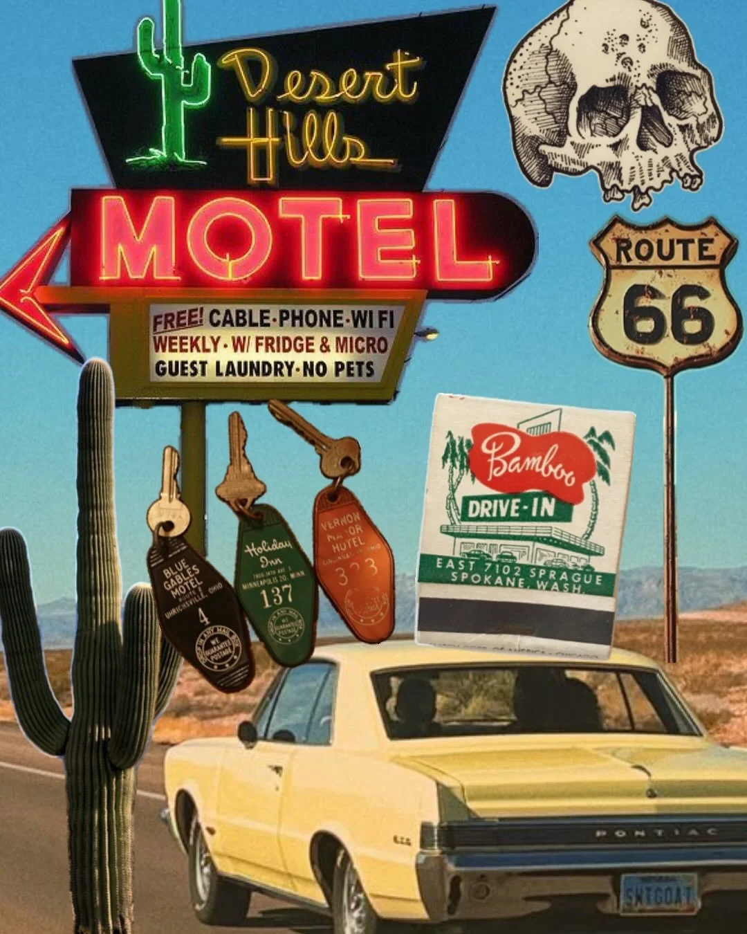 Here’s the mood board for the month of July. Hot, restless, desert road trip vibes. Join the print club (link en b i o) before the end of the month to get an exclusive print and sticker with these vibes sent to you on the 31st. You can get your