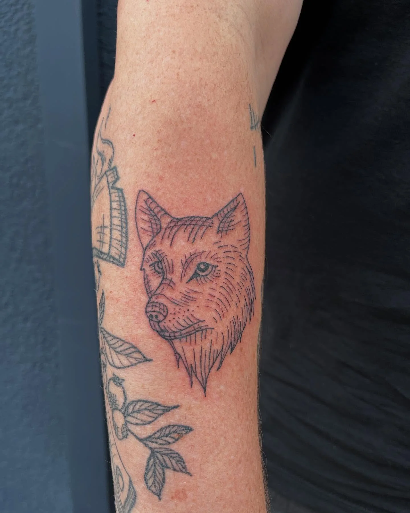 Custom wolf for Jacob with healed hatchet and berries peaking out on the left! 
I still have spots for custom and flash in August. DM me or smash the link and let’s get you tattooed!
#dallastattooartist #dfwtattooartist #engravingtattoo #etch