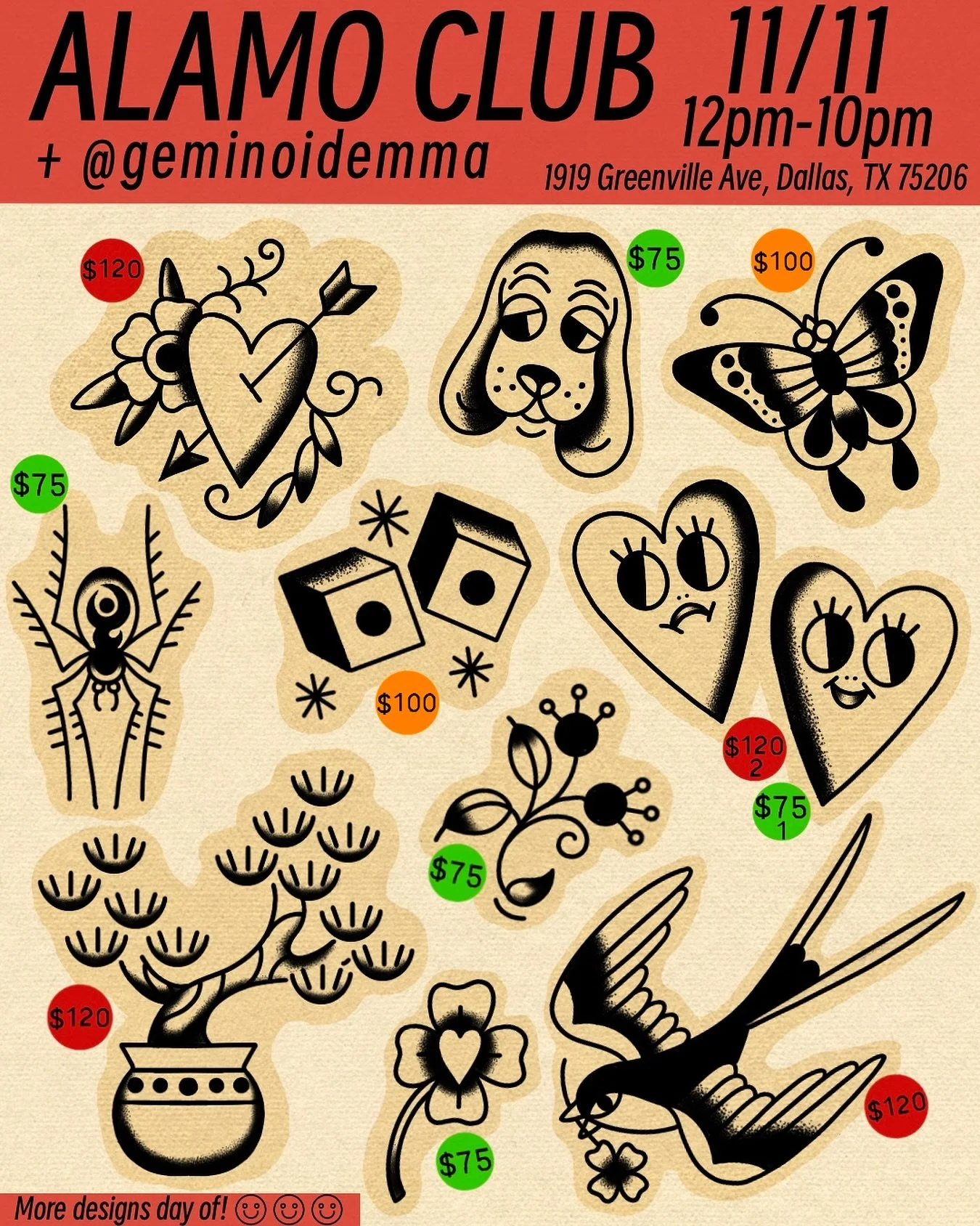 Come get an affordable and beautiful tattoo at @alamoclubdallas on the 11th of November from yours truly! I’ll be bangin out flash all day so come see me and get a little cutie! I plan on also having stickers and prints available if you don&rsq