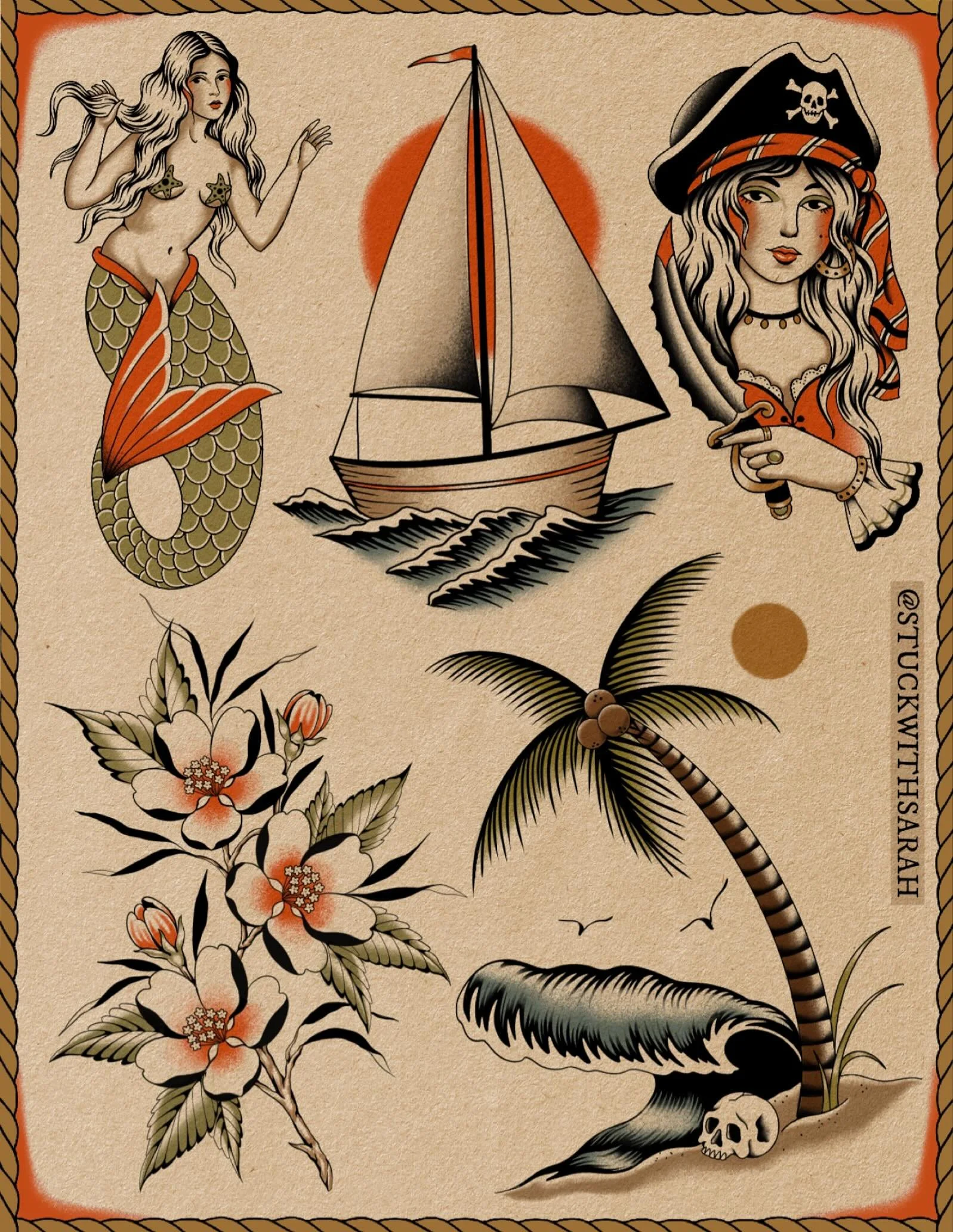 AHOY! New flashhhh🌴🏴&zwj;☠️🌊🗡️ LINK IN BIO TO BOOK
 &bull;
&bull;
&bull;
#dallastattooartist #femaletattooartist #illustrativetattoo #stuckwithsarah_
#batandcavetattoo #dallastattoos #dallastattooshop #texastattooartist #dfwtattoos  #blackandgrey