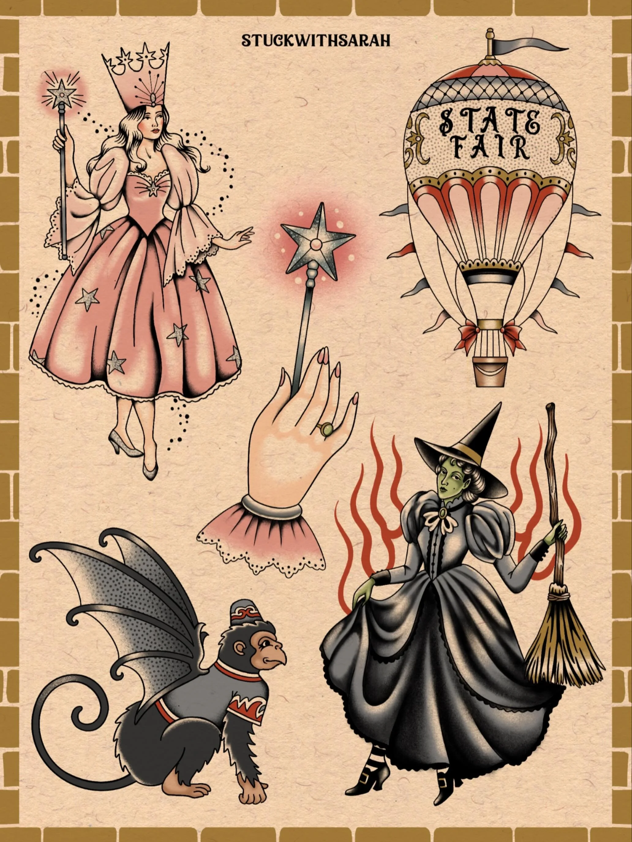 Vintage wicked flash 💚🩷
&bull;
&bull;
&bull;
#dallastattooartist #femaletattooartist #illustrativetattoo #stuckwithsarah_
#batandcavetattoo #dallastattoos #dallastattooshop #texastattooartist #dfwtattoos  #blackandgreytattoo #realismtattoo  #fineli