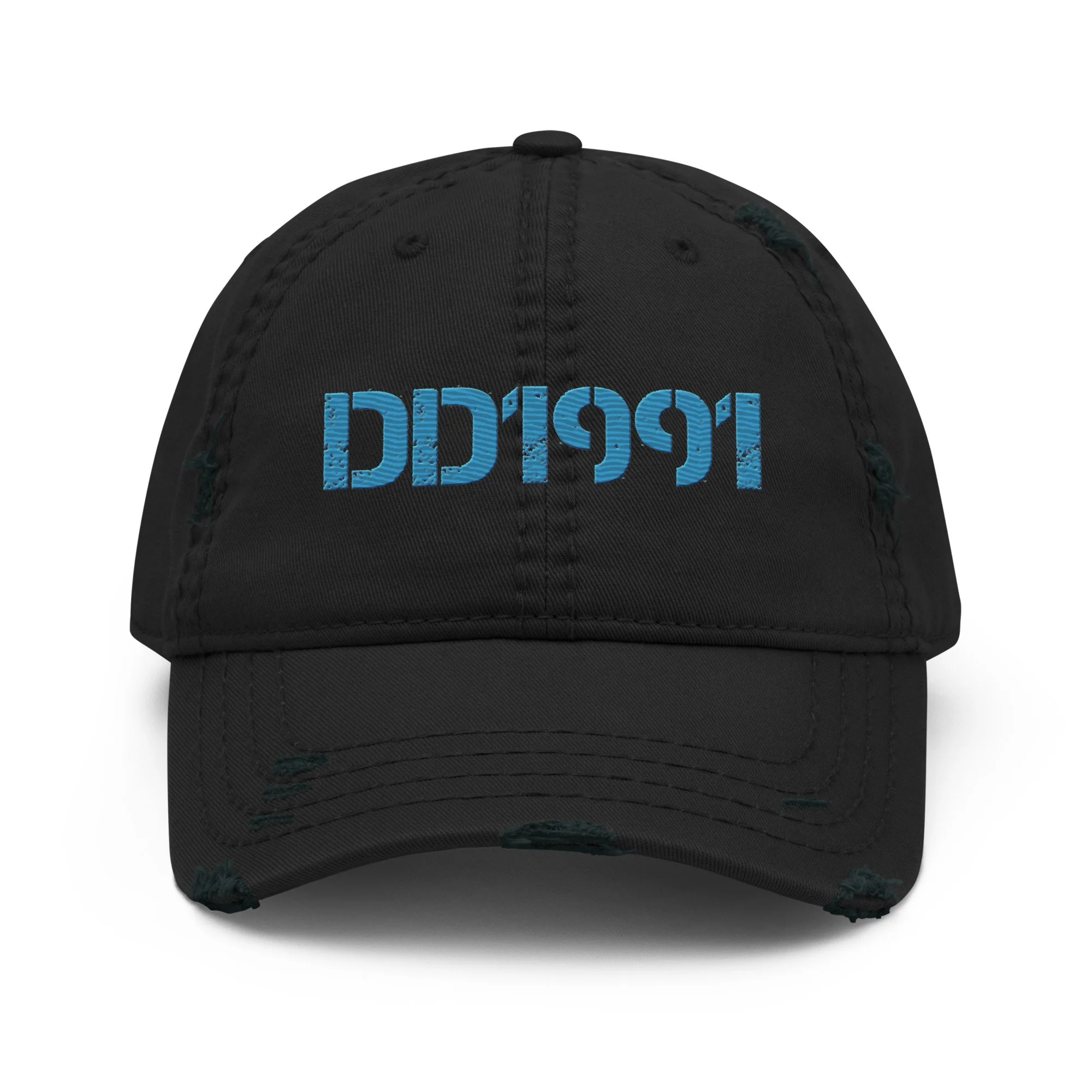 Black baseball cap with distressed details and blue lettering that reads 'PARIS.'