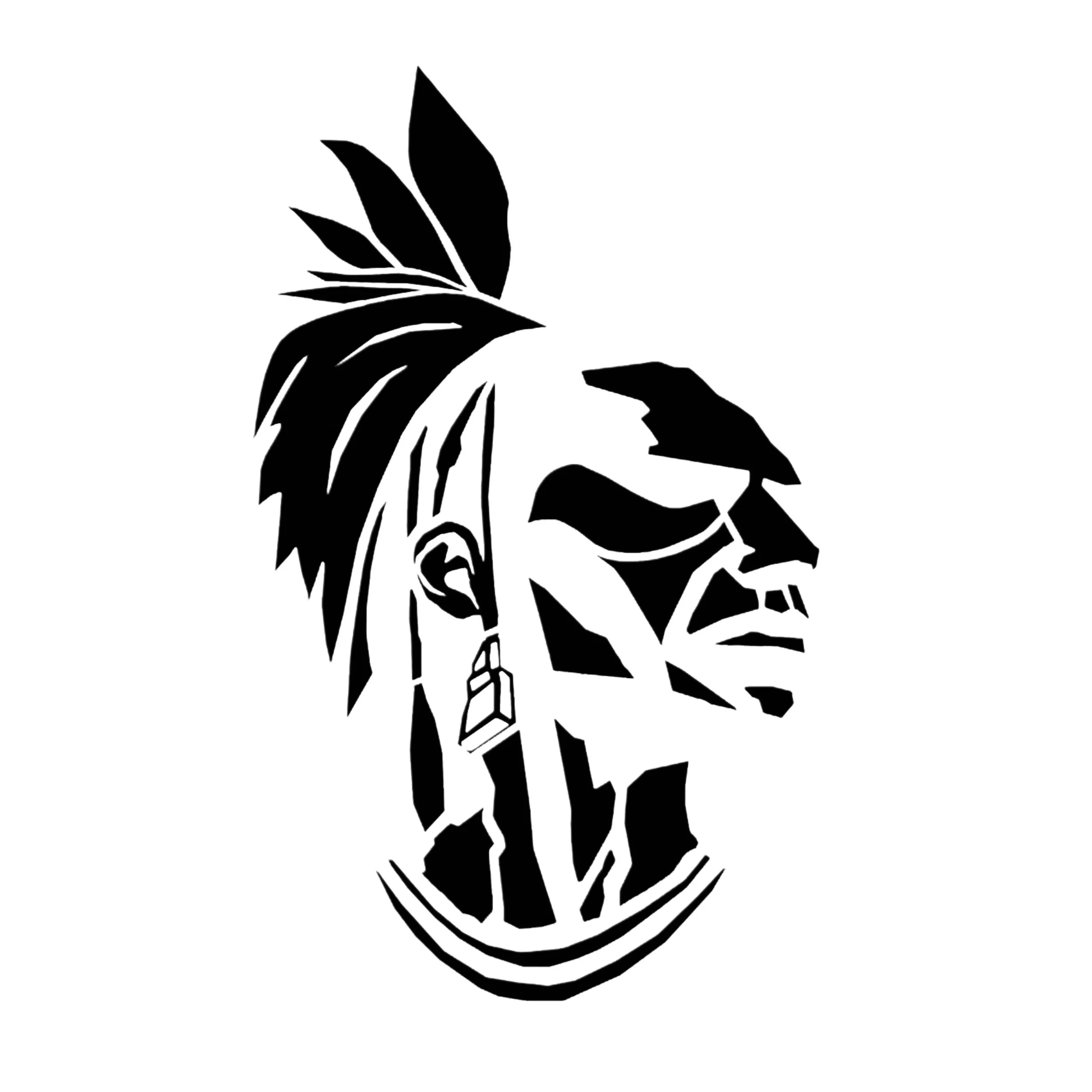 Black and white tribal-style illustration of a person with an elaborate headdress and facial markings.