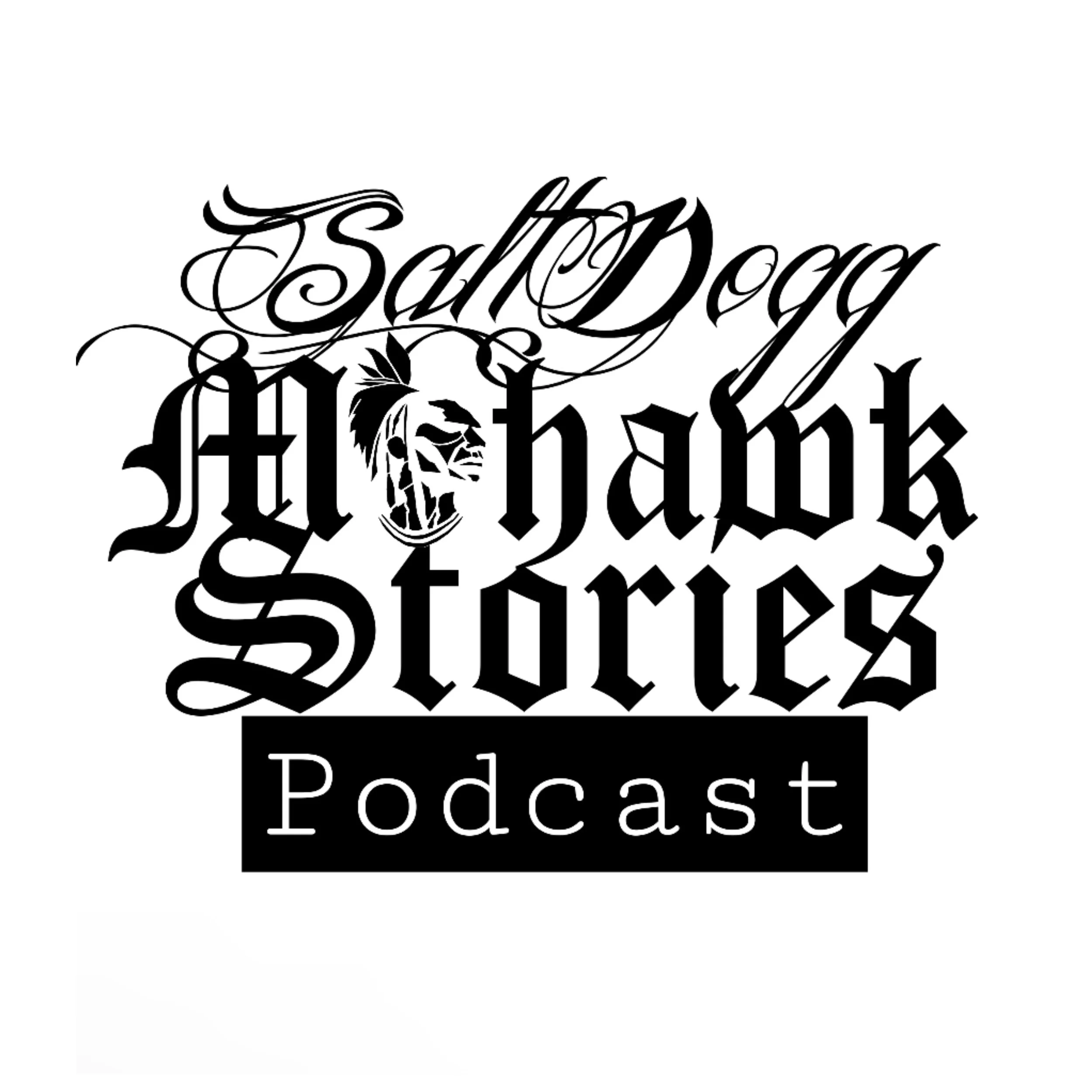 Black and white logo for 'SaltDog Mhmack Stories Podcast' with a stylized lion's head between decorative script and block fonts.