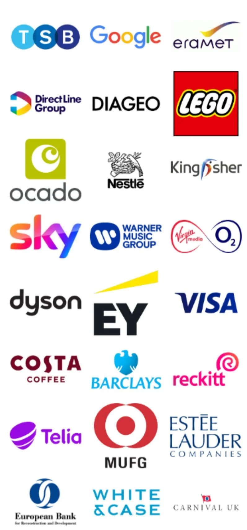 Collection of various company logos, including Google, LEGO, Nestle, VISA, Warner Music Group, Barclays, Dyson, Telia, Estee Lauder, and others.