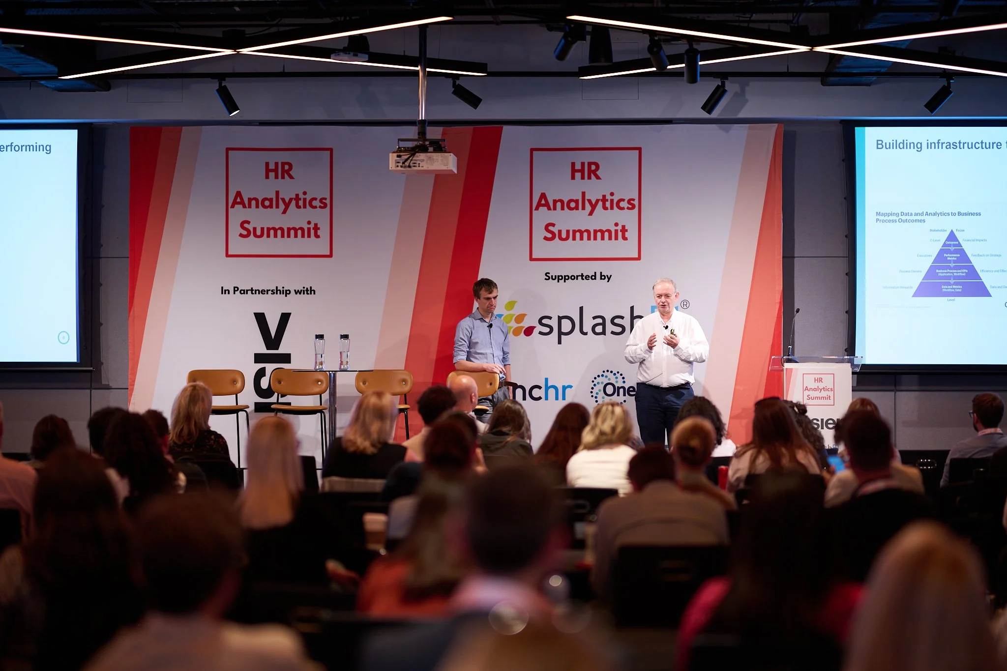 People attending HR Analytics Summit presentation with speakers on stage.