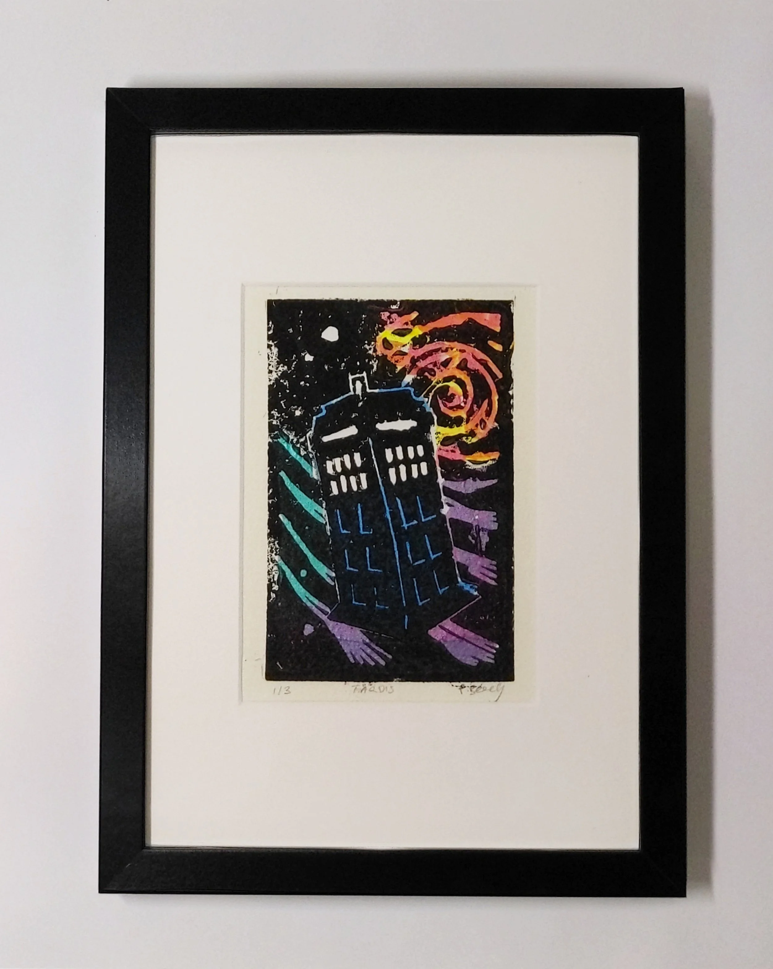 Framed A5 Limited Edition of 1 of 3 - Mixed Media Linocut Print and acrylic on heavy recycled paper- signed and numbered 1/3. Click to Buy