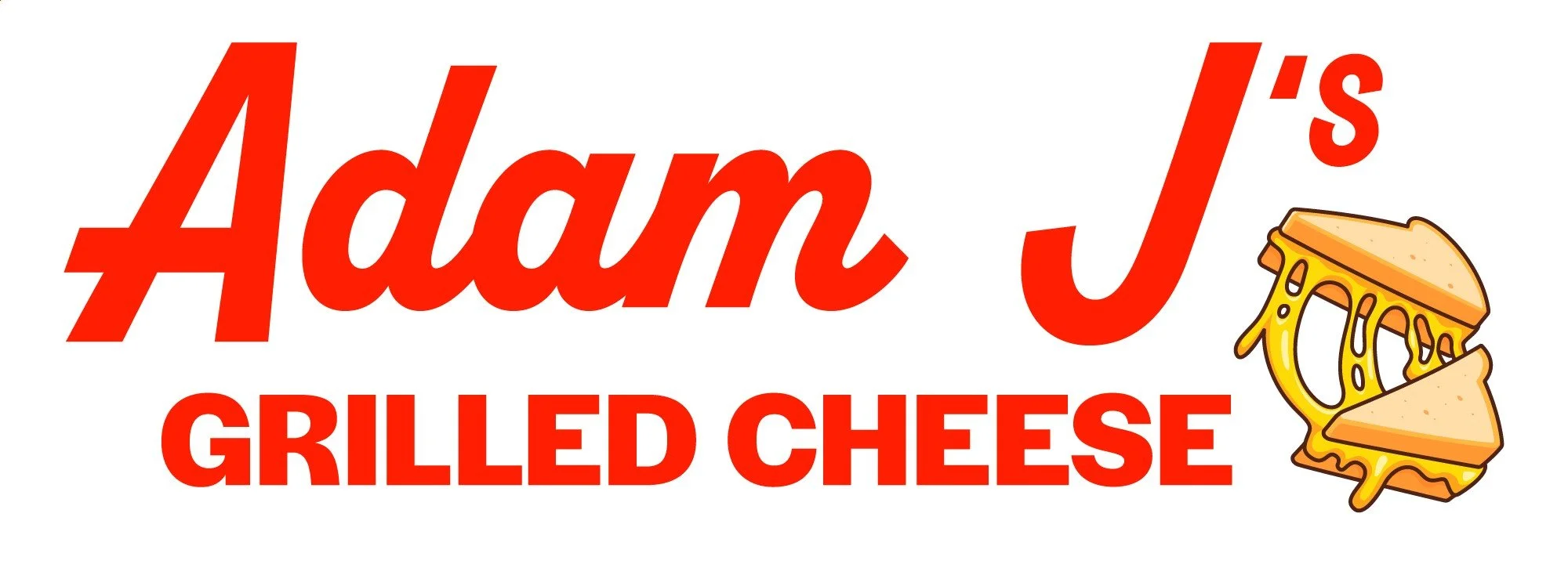 Text reads 'Adam J's Grilled Cheese' in red with a cartoon drawing of a grilled cheese sandwich with melted cheese.