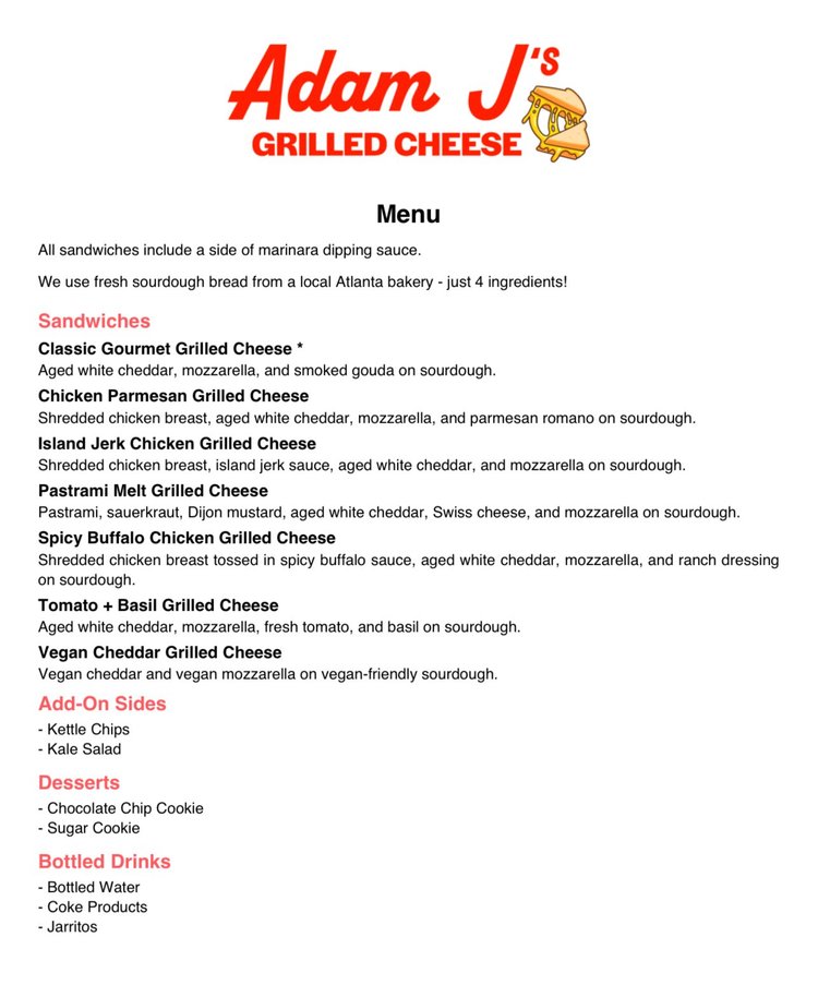 MENU | Adam J’s Grilled Cheese Food Truck Atlanta