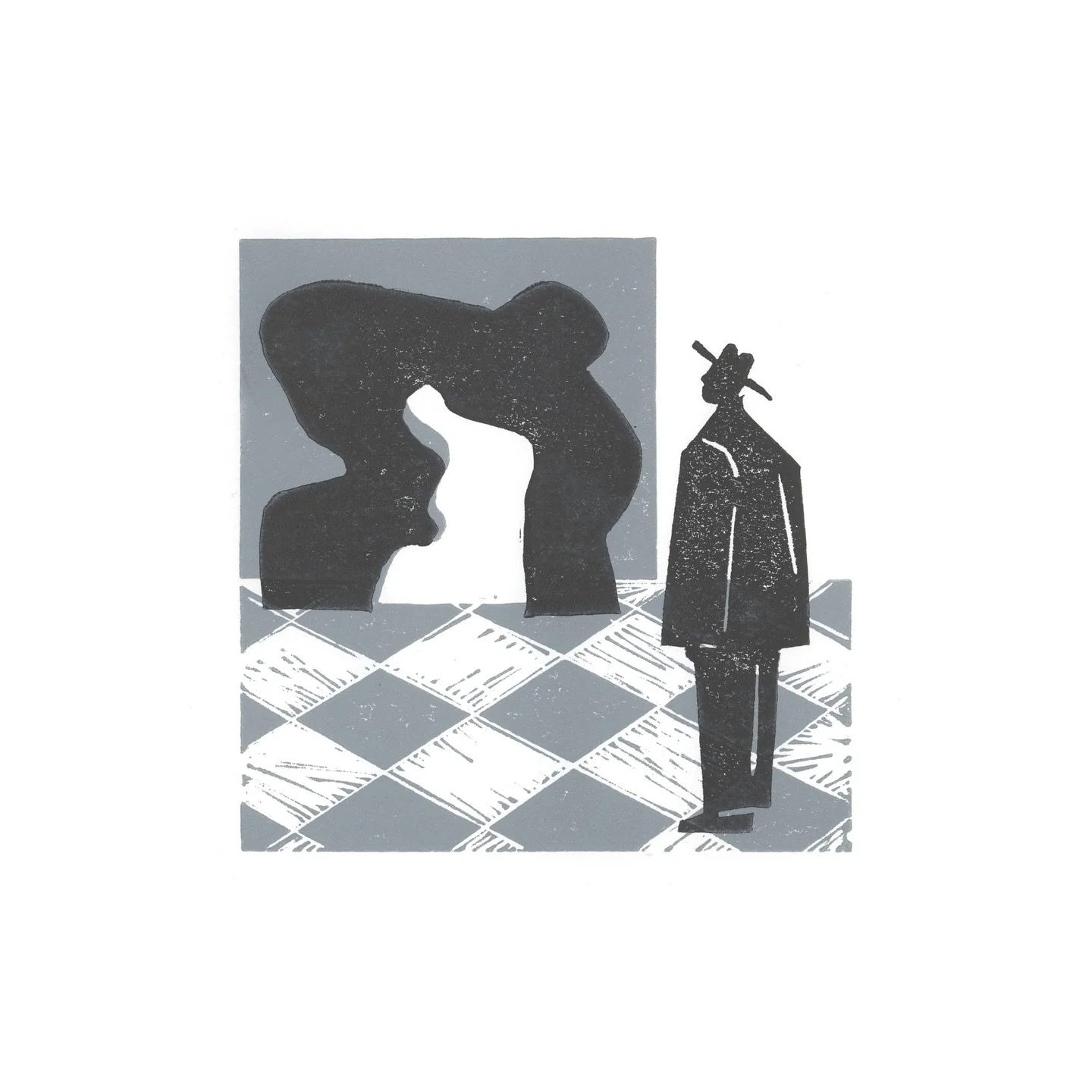 Most recent print &lsquo;I could do that.&rsquo; 
Final lino print > digital comp mockup > development/sketches