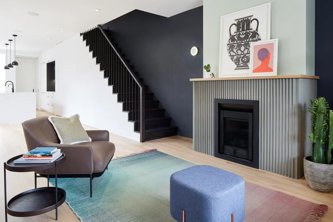 Sawtooth flush stringer, custom fireplace and mantel