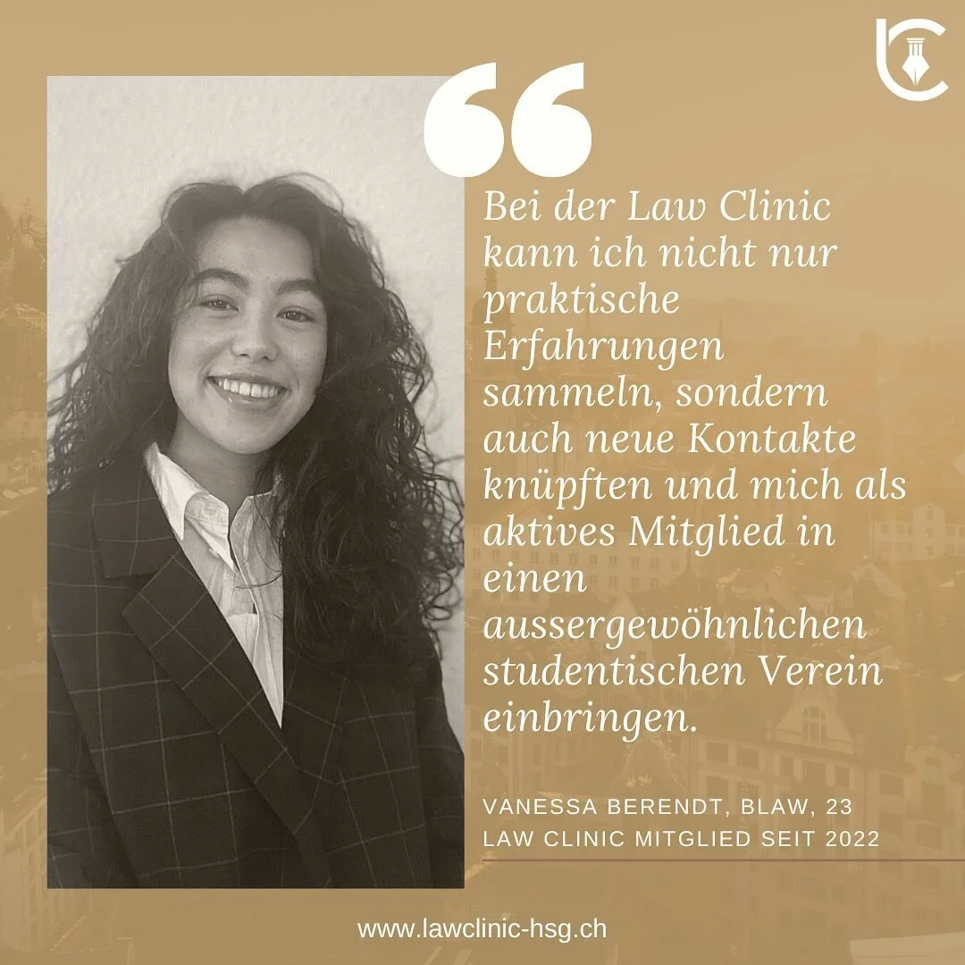 Zum heutigen #teamiethursday stellen wir euch Vanessa vor. Sie ist seit 2022 produktives Mitglied und erz&auml;hlt uns, was die Law Clinic f&uuml;r sie ausmacht. 🐝 

#lawclinic #lawclinicanderuniversit&auml;tstgallen #hsg #unisg #unistgallen #kosten