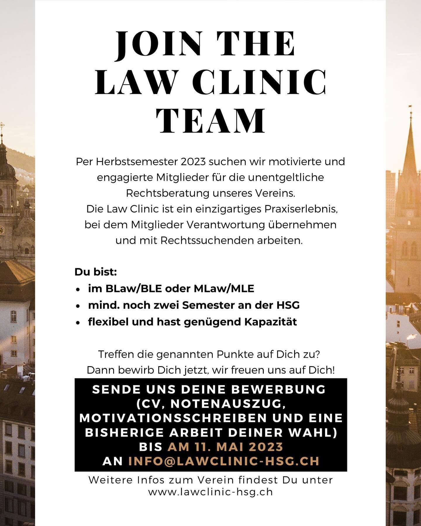 Die Law Clinic an der Universit&auml;t St. Gallen sucht neue Mitglieder per Herbstsemester 2023! Hast Du Interesse daran, Rechtsf&auml;lle zu bearbeiten? Dann bewirb Dich jetzt!
