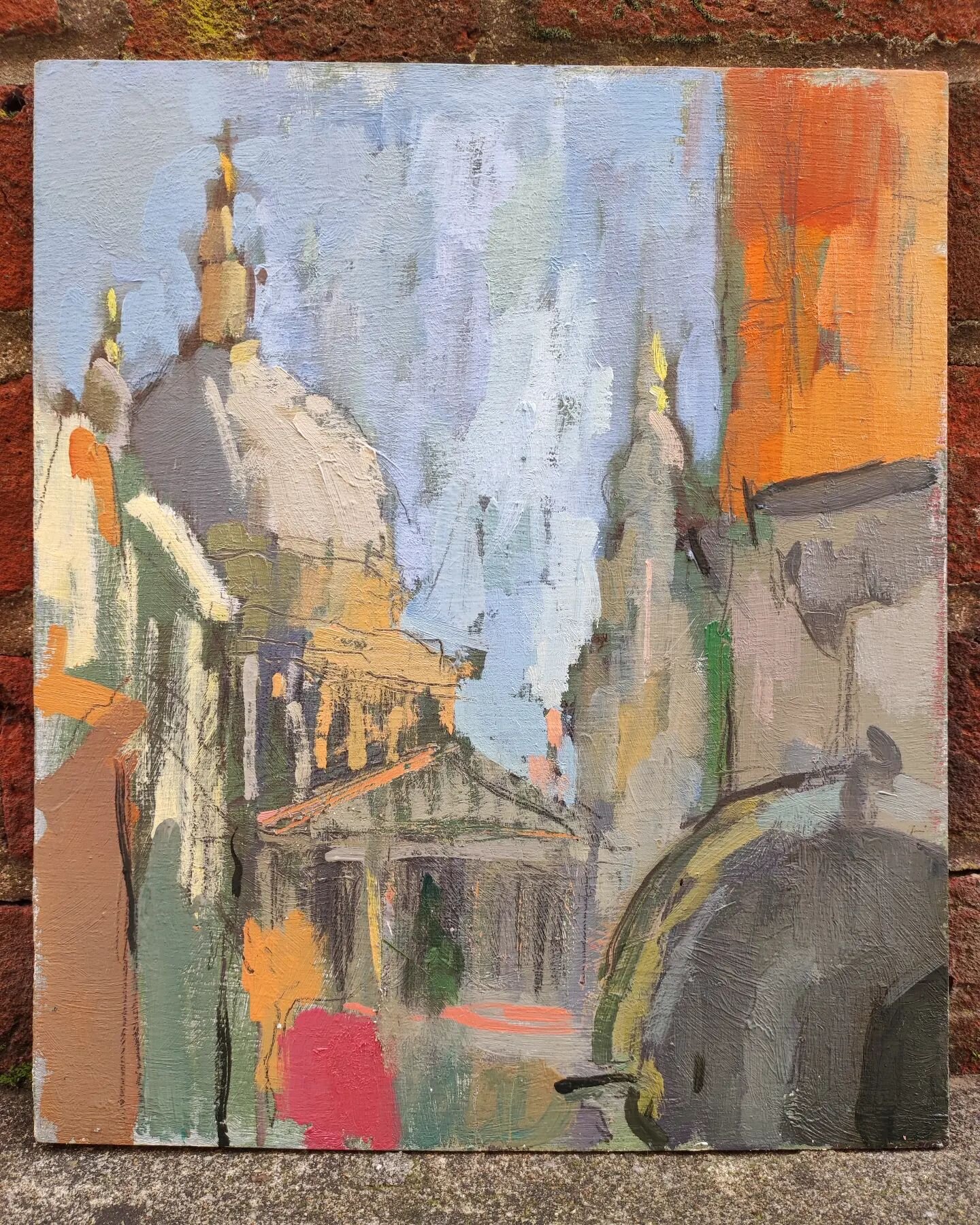 St Paul's from Ludgate Hill, noon yesterday. Oil on plywood 10x12&quot;. The light was fairly constant from 10 to 11.30. Then the sun came over and it would need a different painting, so I stopped. Looking up from street level kept things simpler (no