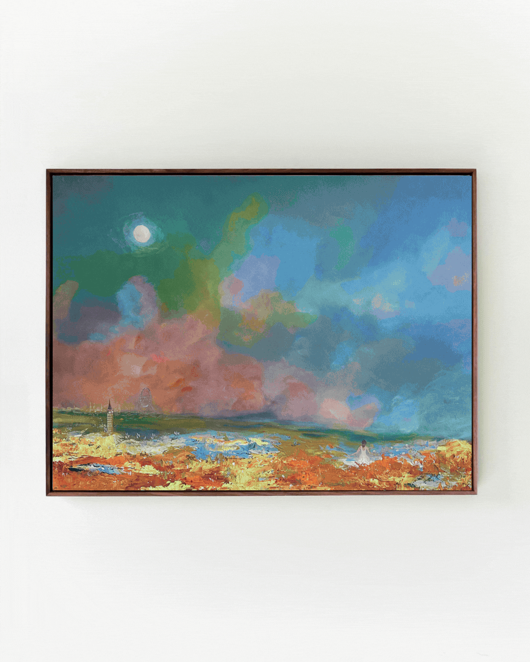 A landscape painting of a colorful sky with a bright moon, clouds, and a distant lighthouse on a rocky shore with a small figure sitting near the water.