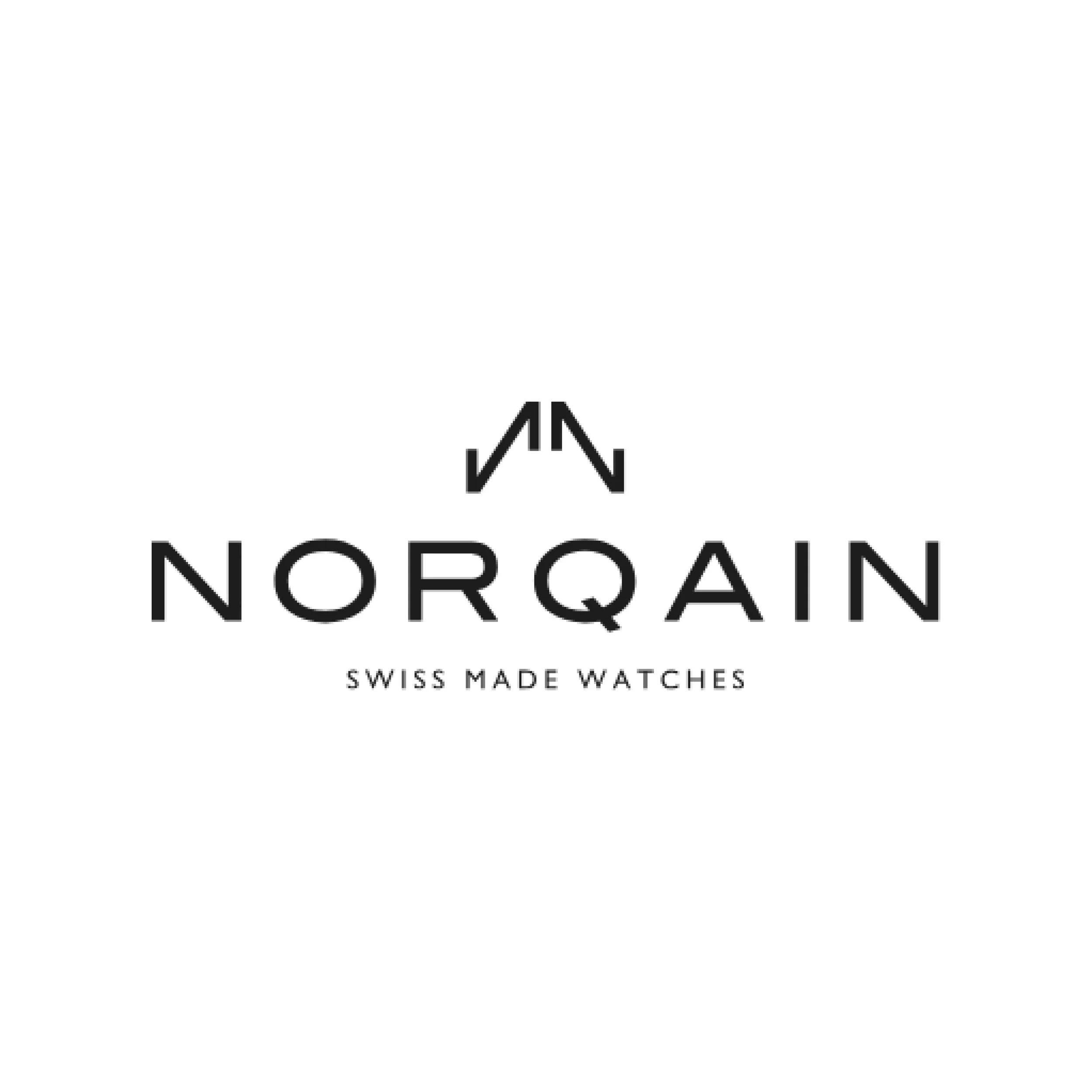 Close-up of a watch face with black and white elements and the brand name Nordqain, Swiss made watches.