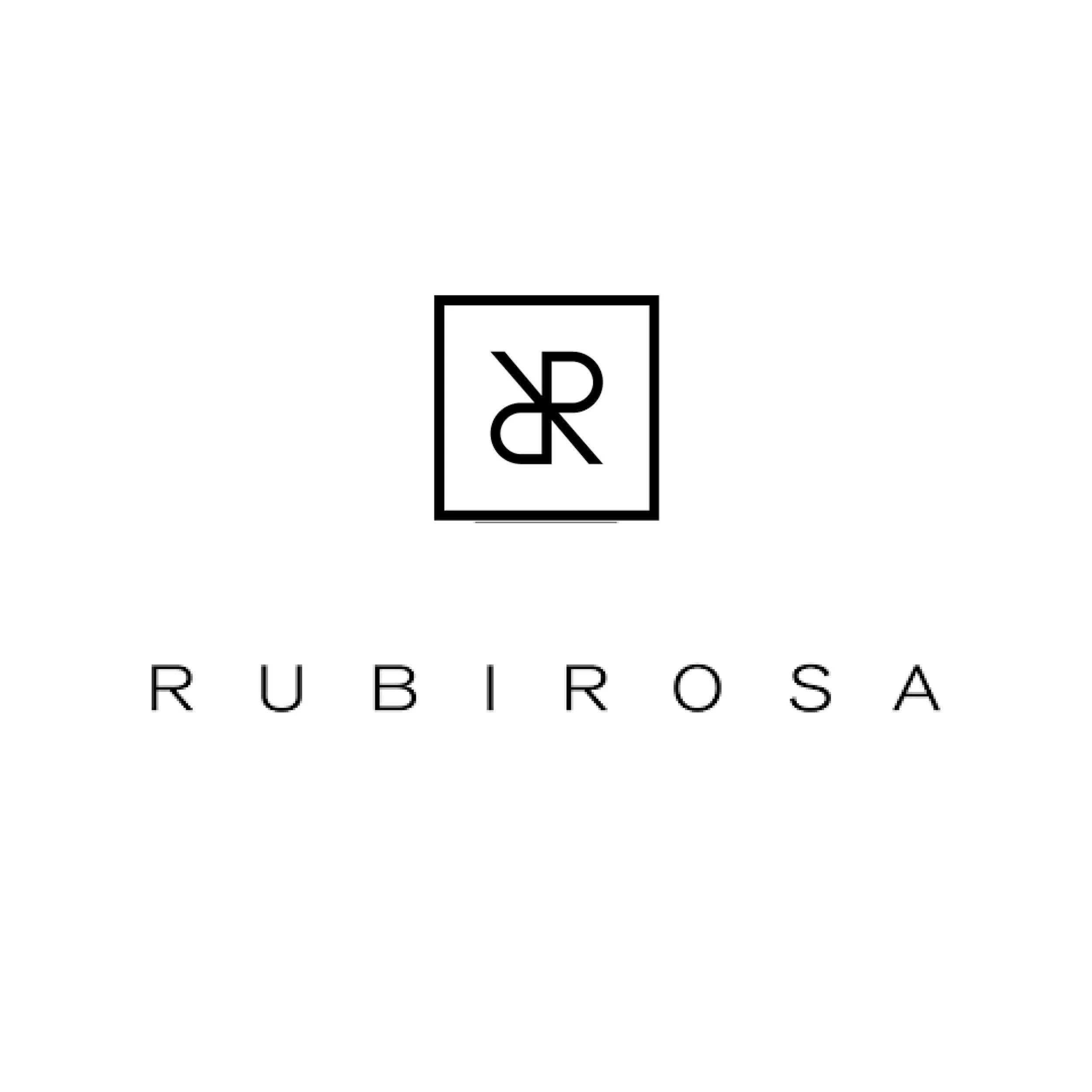 Black and white logo with the word 'Rubirosa' and a stylized letter 'R' inside a square