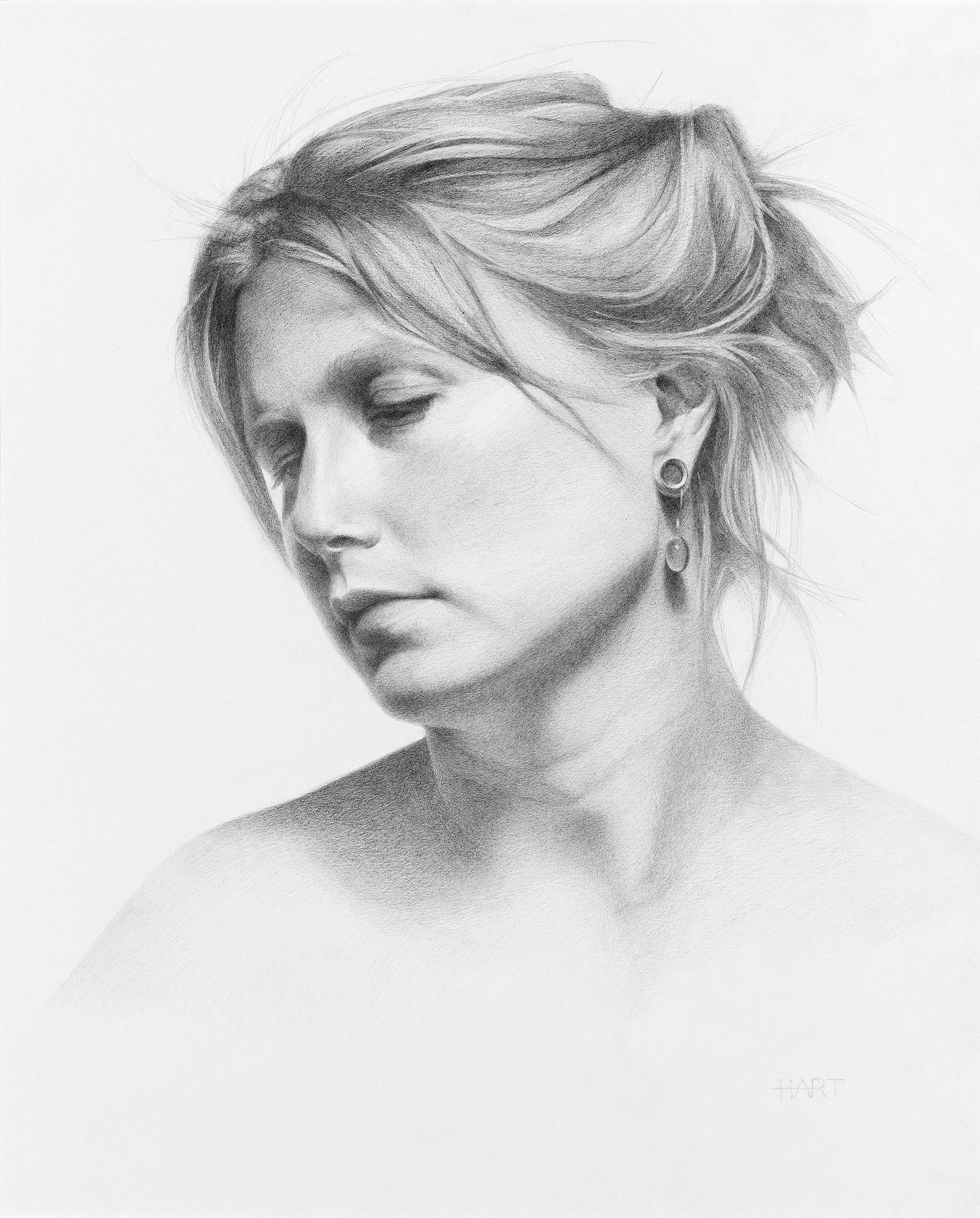 Pensive, graphite on white paper, 14" x 17"