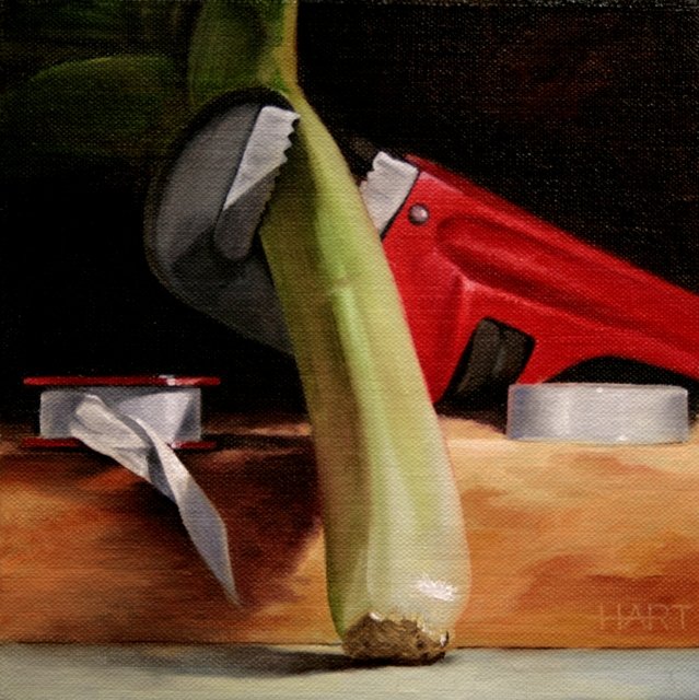 How to fix a Leek, oil on canvas, 8" x 8"