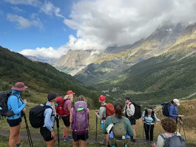 group of hikers overlooking green valley in the alps on tour du mont blanc