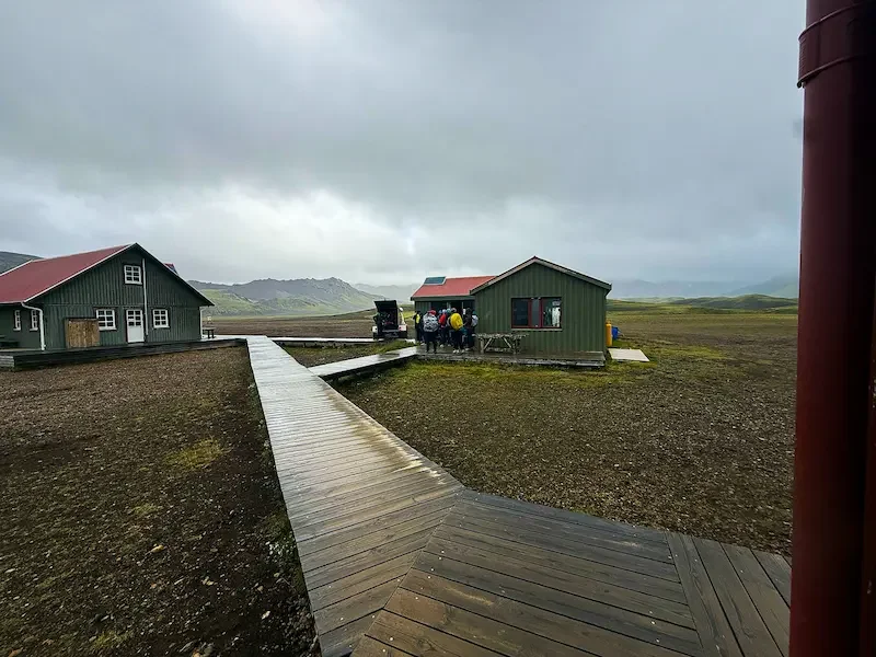 huts on laugavegur trek with wood walkways between