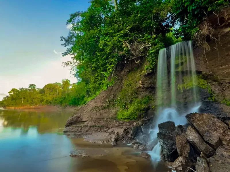 waterfall flowing from jungle into amazing river