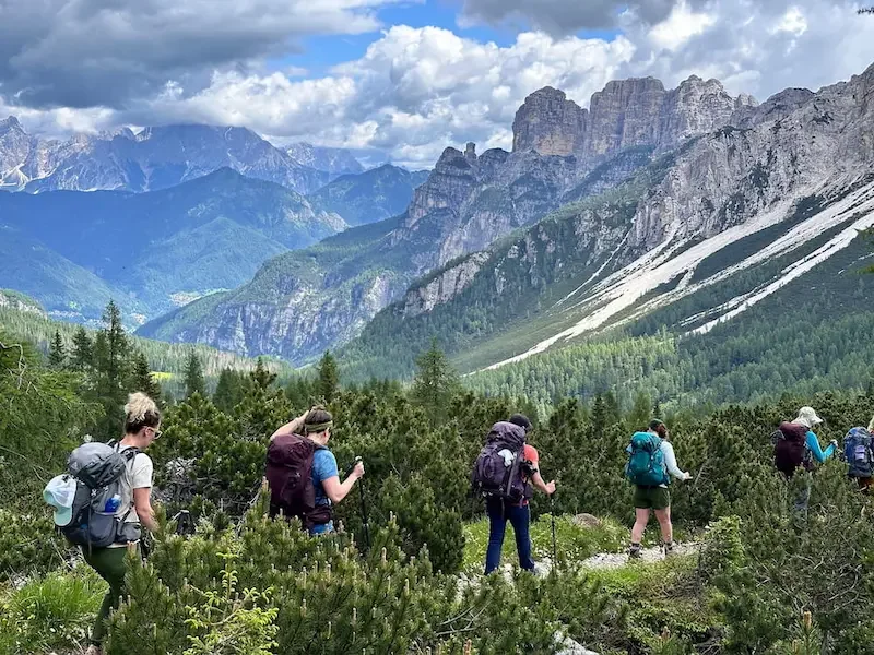 row of hikers on the dolomites alta via 1 trail with sharp mountains and green trees
