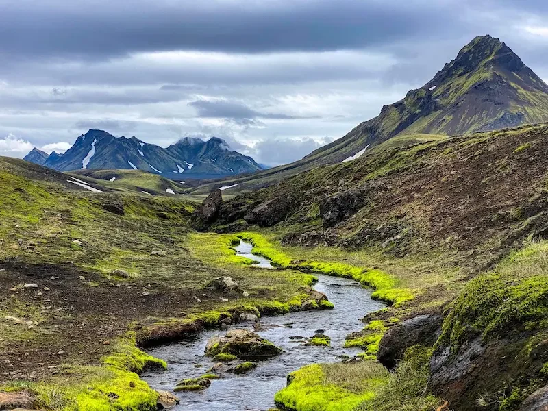 small river running through green area and mountains in iceland