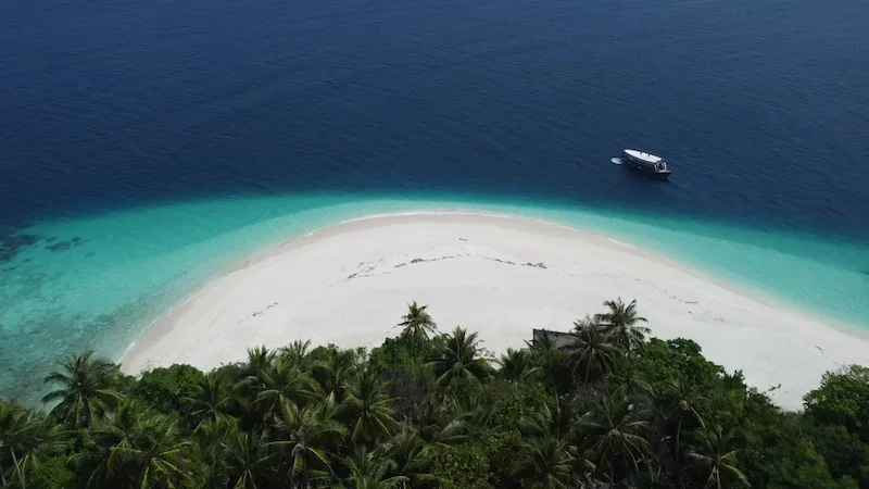 boat parked of island with white sand beach and tropical trees