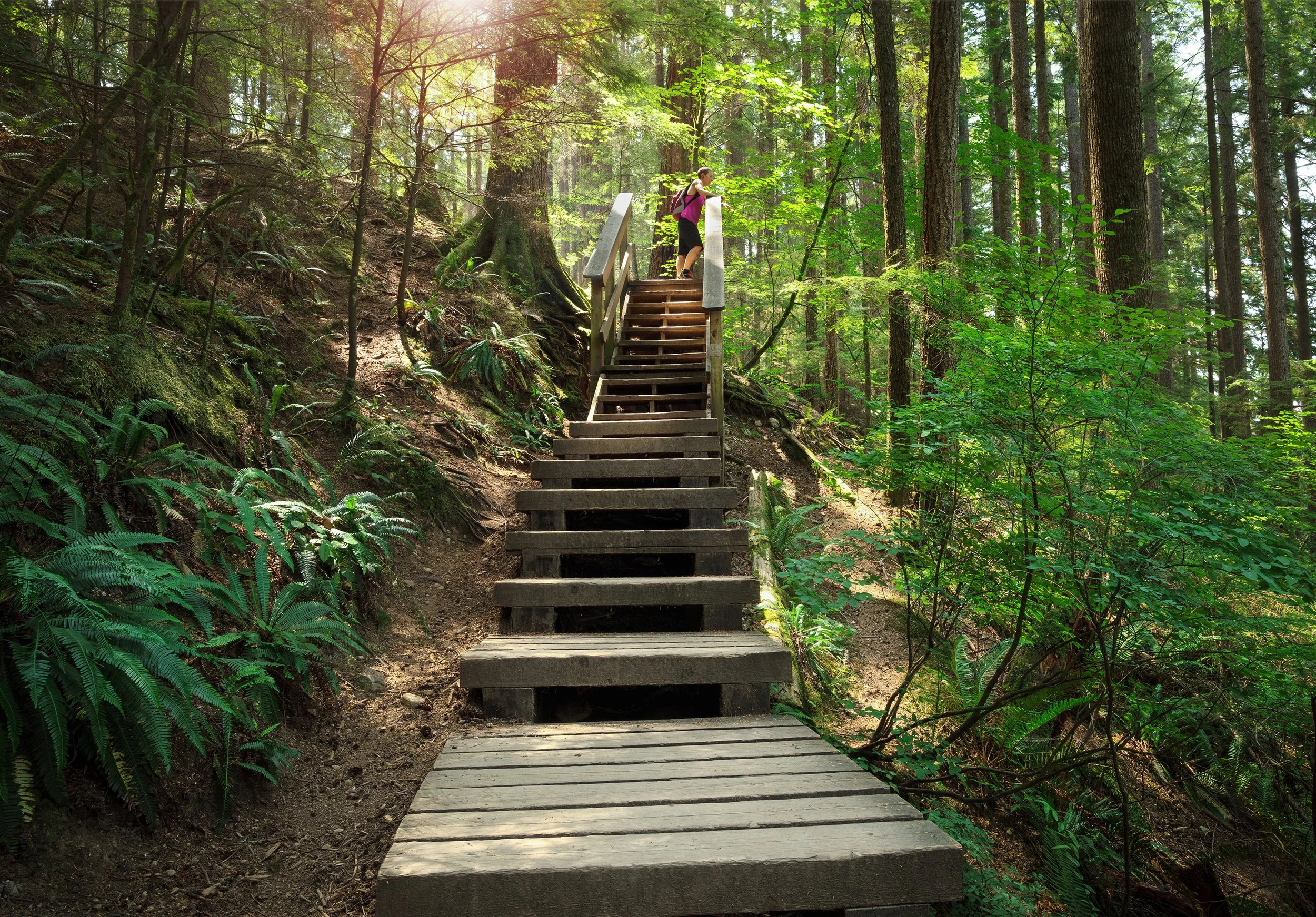 A woman is pausing on a staircase in the North Vancouver forest.