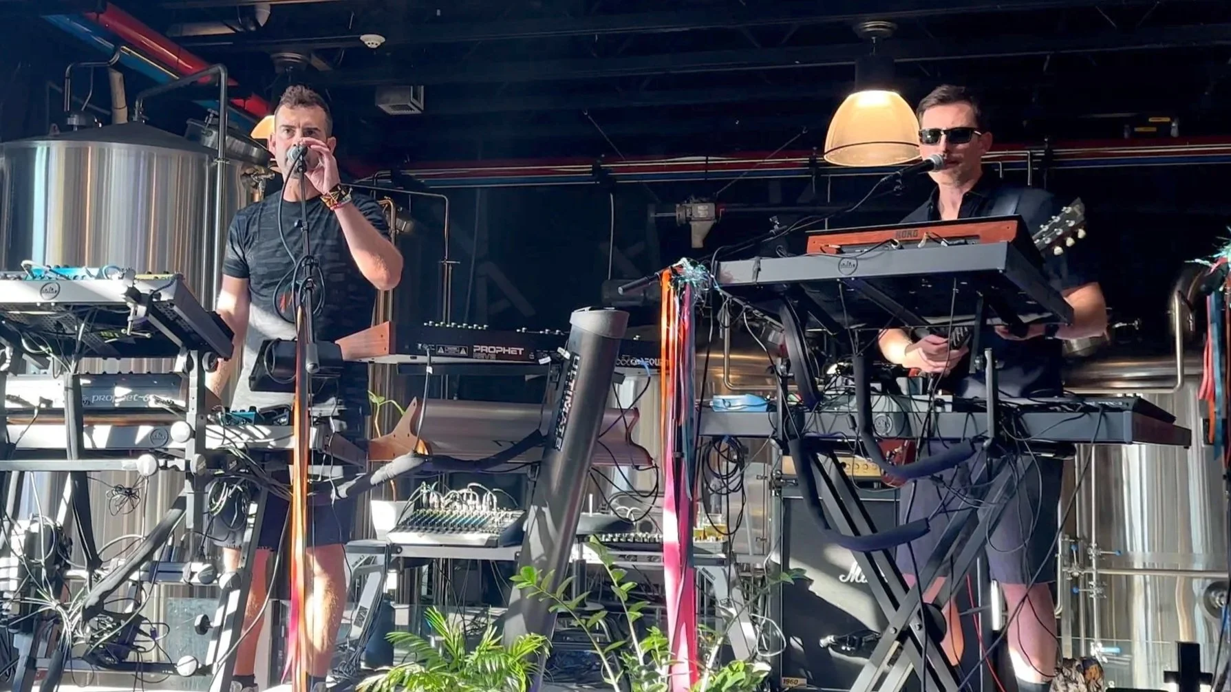 Two musicians performing on stage with electronic music equipment, one singing into a microphone and the other playing keyboard, in a venue with industrial decor and plants.