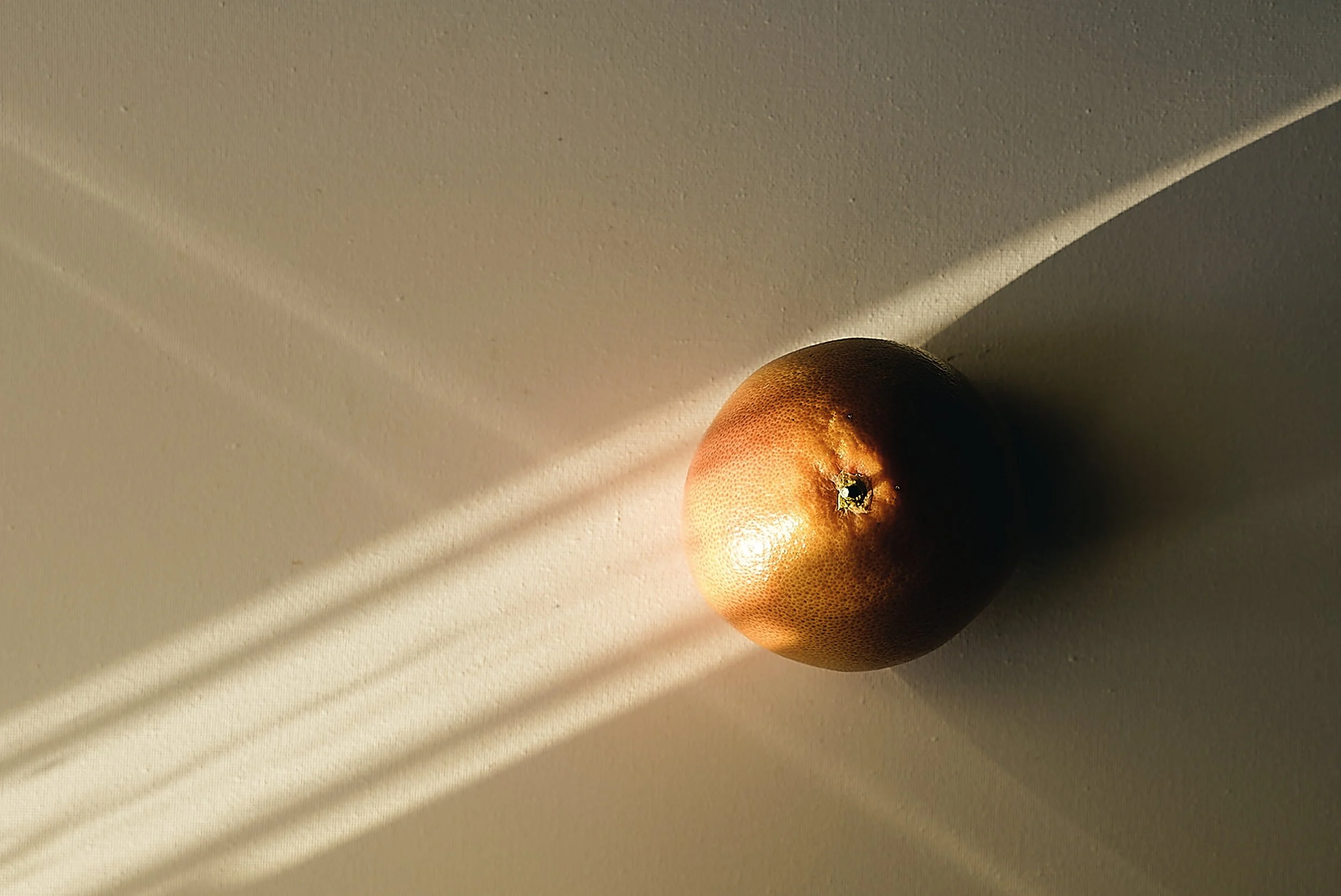 A round fruit, possibly a pear, on a light-colored surface, with shadows and sunlight creating a pattern on the surface.