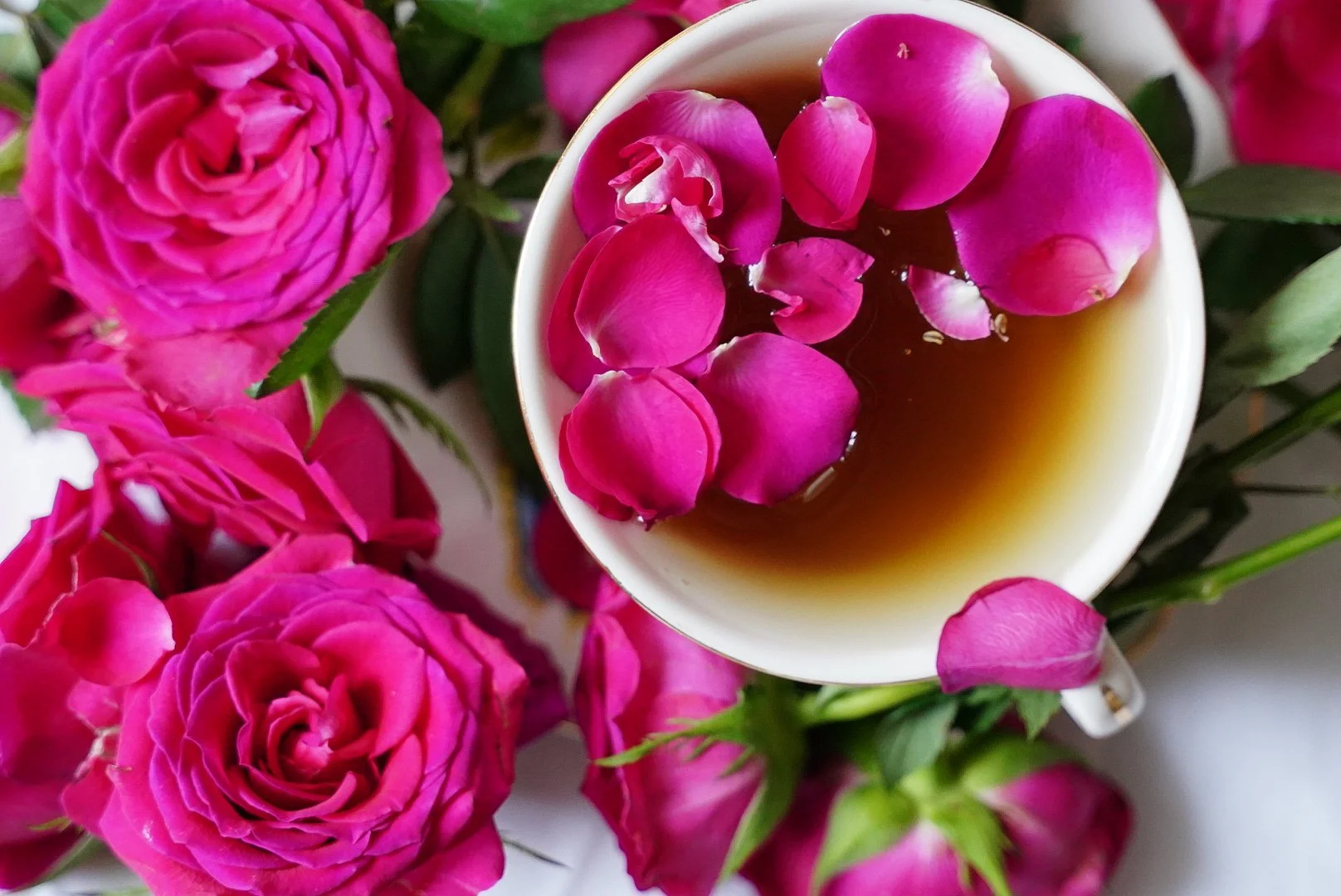 A cup of tea with pink rose petals on top, surrounded by pink roses and green leaves.