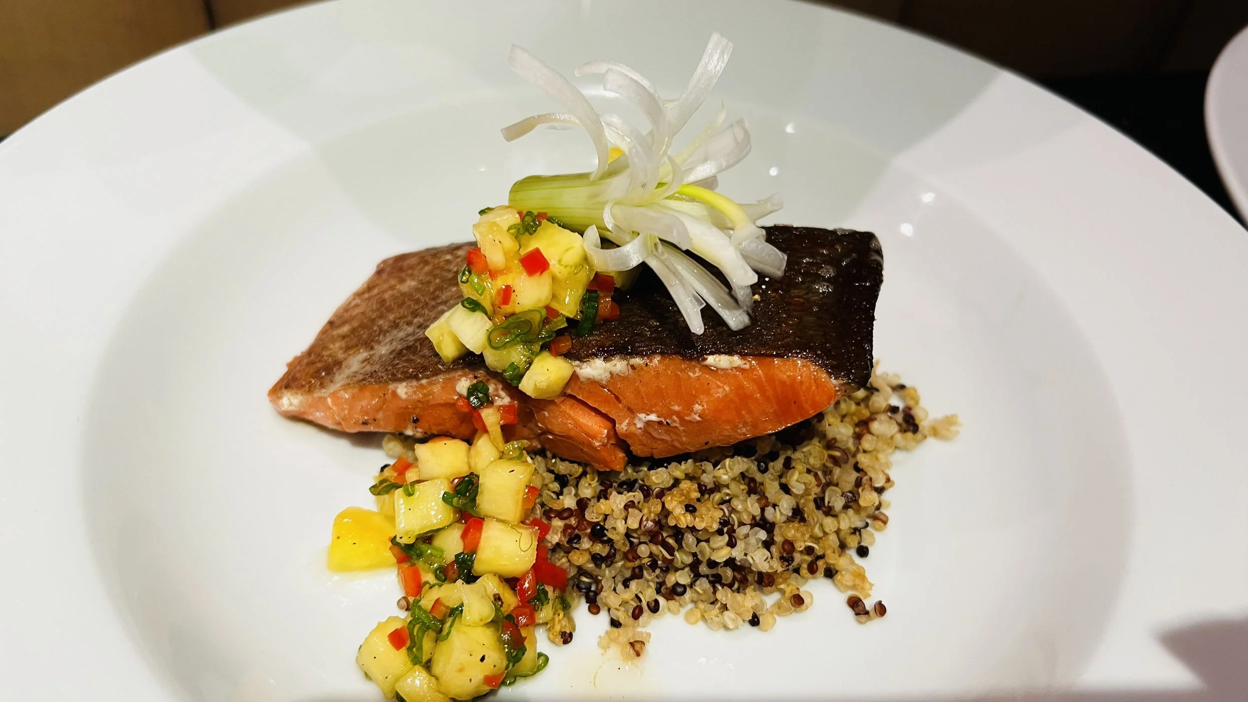 Crispy Skuna Bay Salmon, Quinoa Pilaf, Vanilla-Pineapple Salsa
