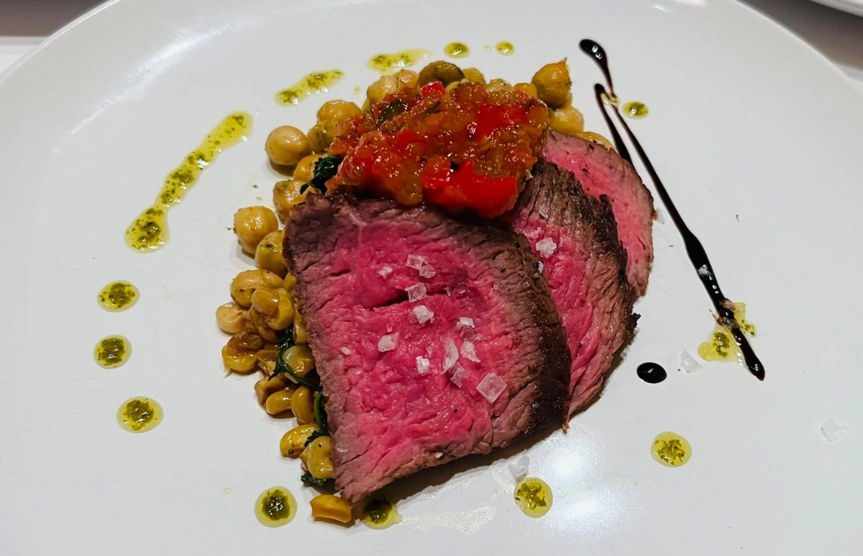 Western Slope Beef Filet Mignon, Olathe Corn-Chickpea Succotash, Sweet Peeper Relish, Tondo