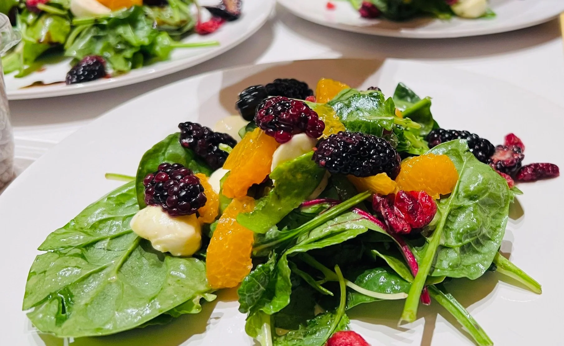 Blackberry-Spinach Salad, Clementine Supremes, Ciliegene Mozzarella, Dried, Cranberries, Raspberry Vinaigrette