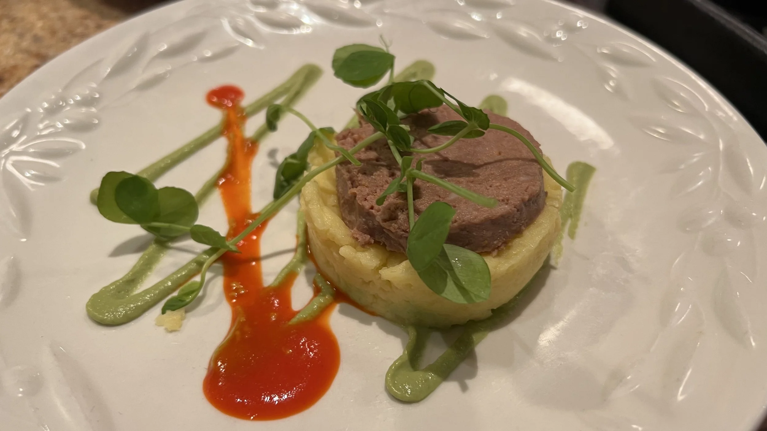 Elk Pate, Gold Potato Causa, Avocado Purée, Sweet pepper Coulis